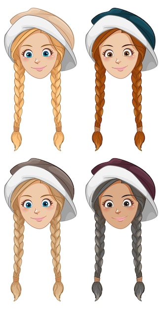 Бесплатное векторное изображение Четыре кавказские женщины в косах и шляпах
