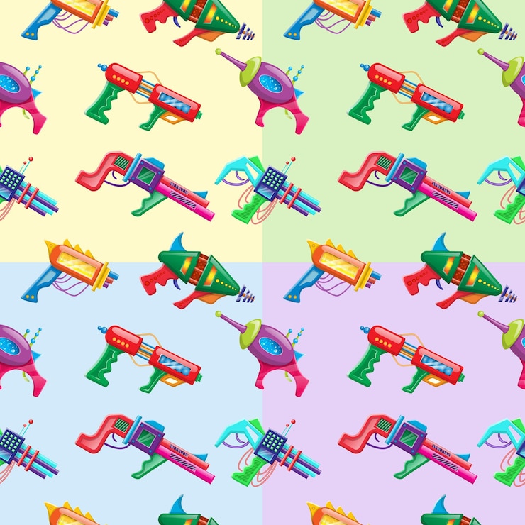 मुफ़्त वेक्टर four color vector cartoon style seamless pattern of kids colorful blasters.