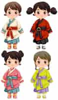 Бесплатное векторное изображение Четыре милые азиатские девушки в традиционной одежде