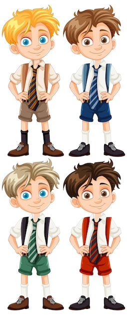 Бесплатное векторное изображение Четыре милых мальчика в школьной форме