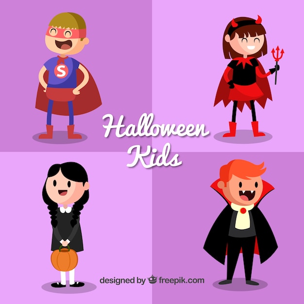 Four cute halloween kids