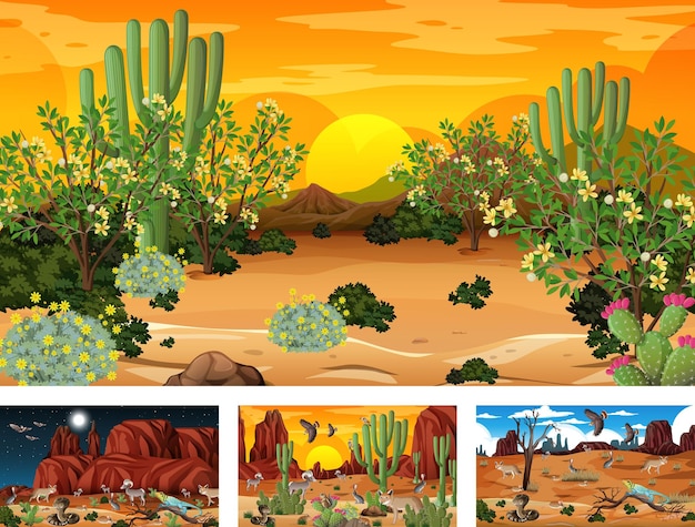 動物​や​植物​の​4​つ​の​異なる​砂漠​の​森​の​風景​シーン