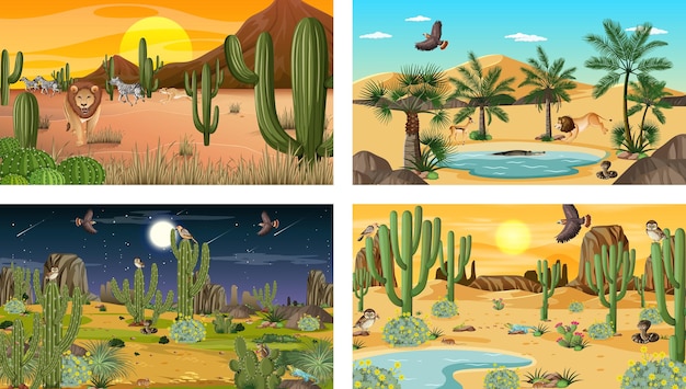 Free vector four different desert forest landscape scenes with animals and plants