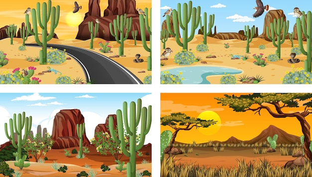 Четыре разных пейзажа пустынного леса с животными и растениями