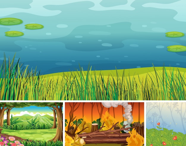 Four different natural disaster scenes of forest cartoon style