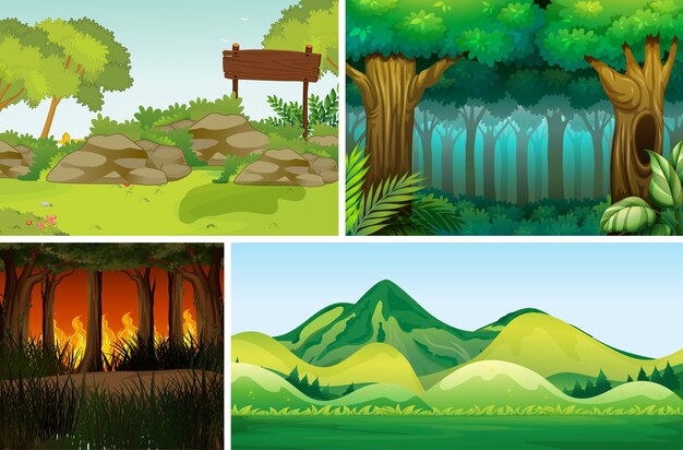 森の漫画スタイルの4つの異なる自然災害シーン