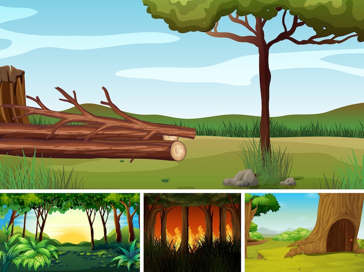 Free Vector four different natural disasters scenes of forest cartoon style