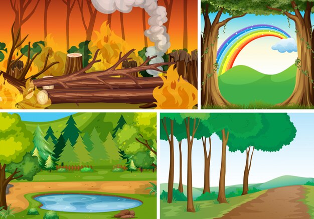 Four different nature disasters scene of forest cartoon style