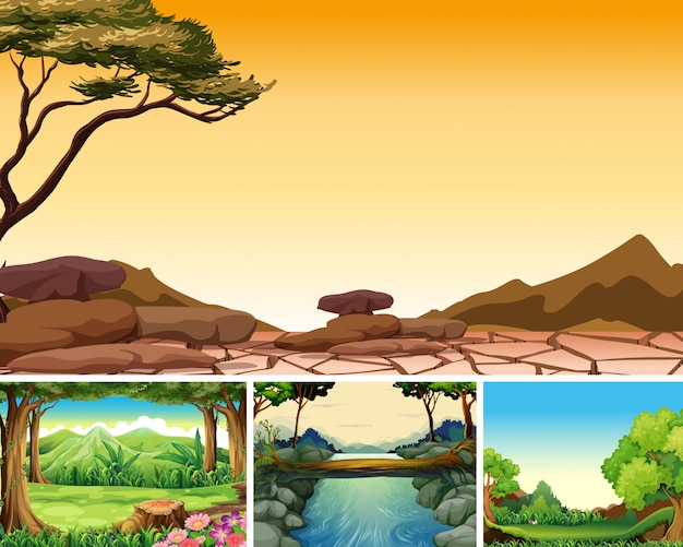 Four different nature disasters scene of forest cartoon style