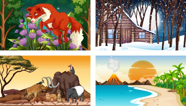 Free Vector four different nature horizontal scene