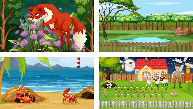 Free vector four different nature horizontal scene