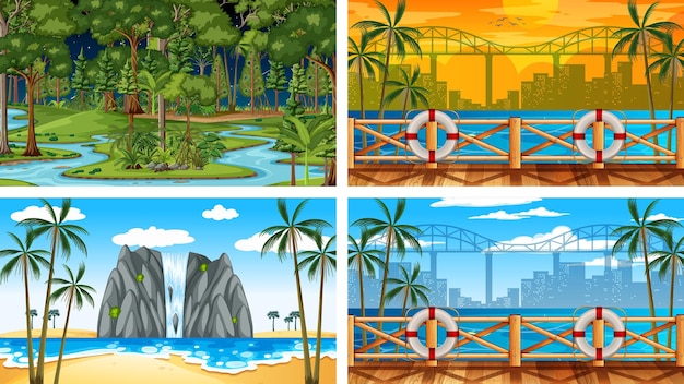 Free vector four different nature horizontal scenes