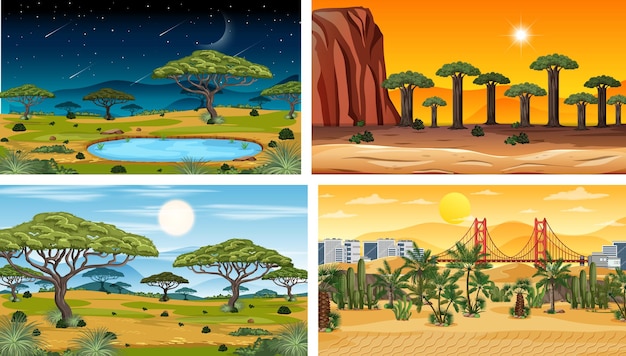 Free vector four different nature horizontal scenes