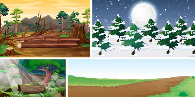 Four different nature scene of different season cartoon style