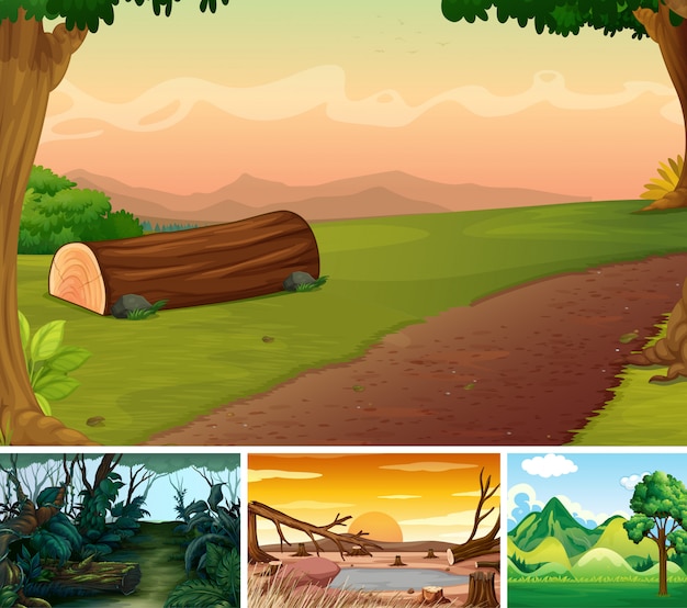 숲 만화 스타일의 네 가지 자연 장면