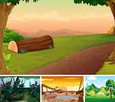 Free vector four different nature scene of forest cartoon style