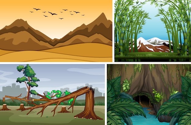 森の漫画のスタイルの4つの異なる自然シーン
