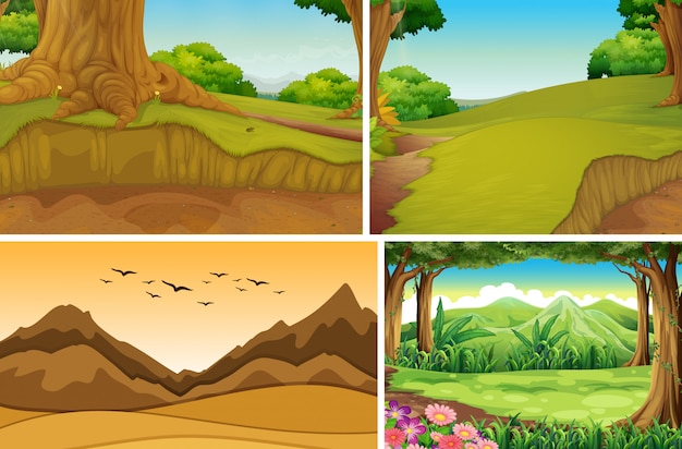 Four different nature scene of forest and mountain cartoon style