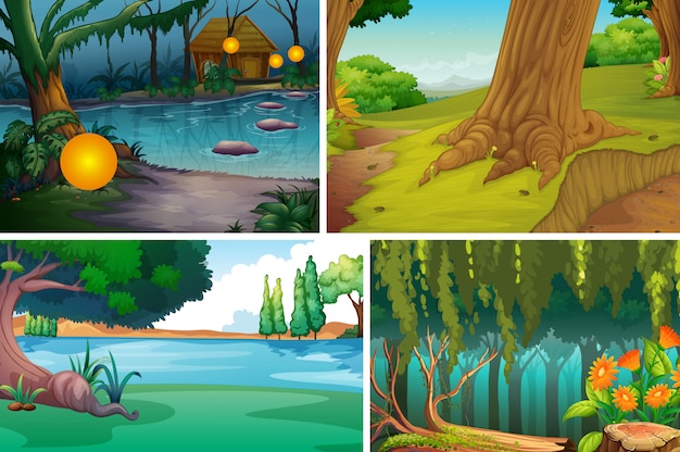 숲과 강 만화 스타일의 네 가지 자연 장면