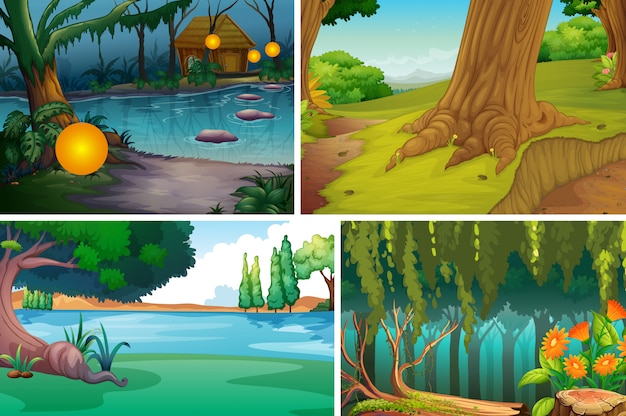 Four different nature scene of forest and river cartoon style