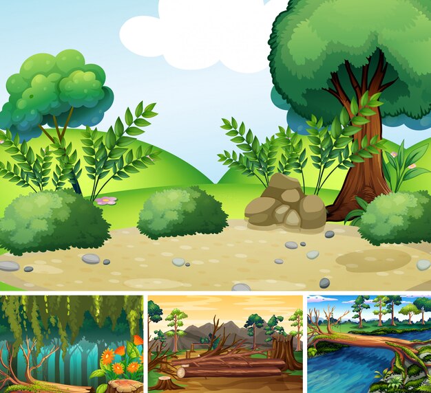 Four different nature scene of forest and river cartoon style