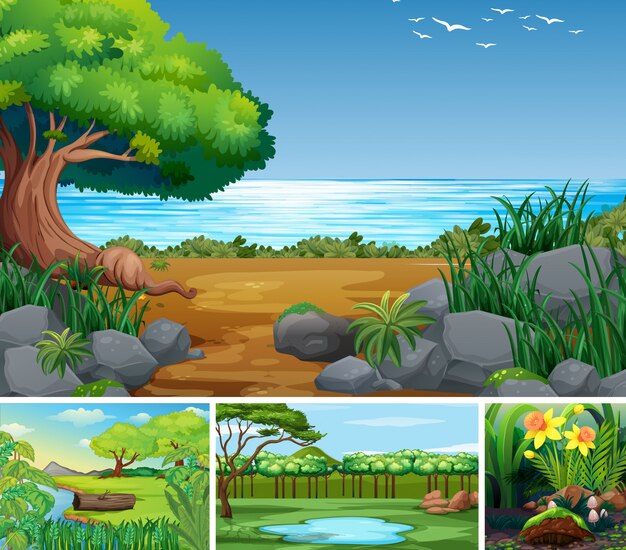 Four different nature scene of forest and swamp cartoon style