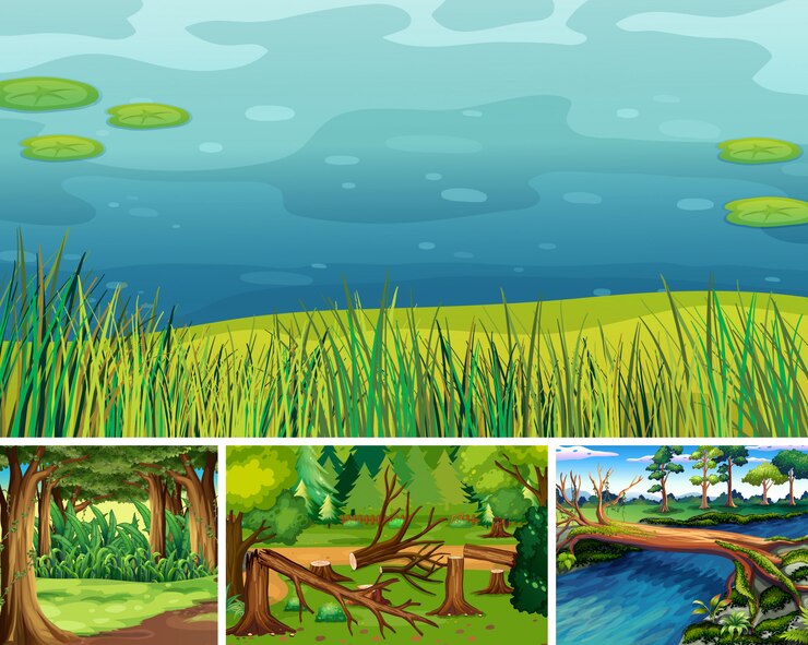 Free Vector four different nature scene of forest and swamp cartoon style