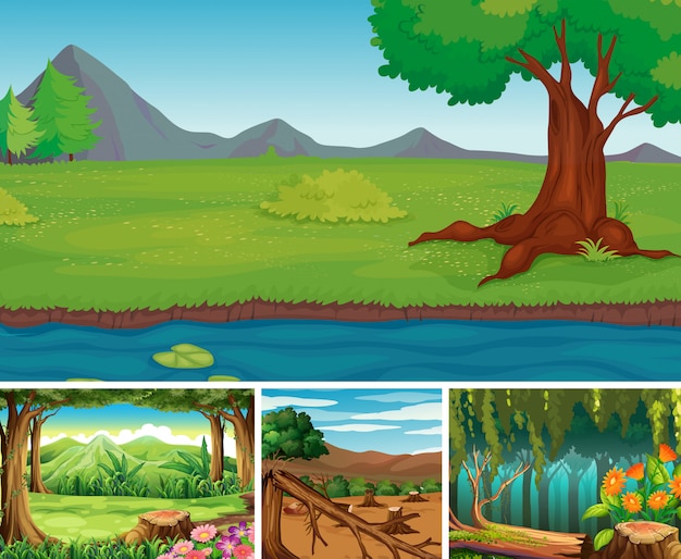 Бесплатное векторное изображение Четыре разных природы сцены лесного мультяшном стиле