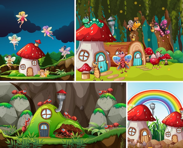 Free vector four different scene of fantasy world with beautiful fairies in the fairy tale and ant with antnest