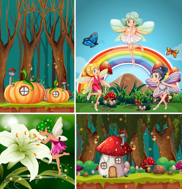 Four different scene of fantasy world with beautiful fairies in the fairy tale and pumpkin village in the forest