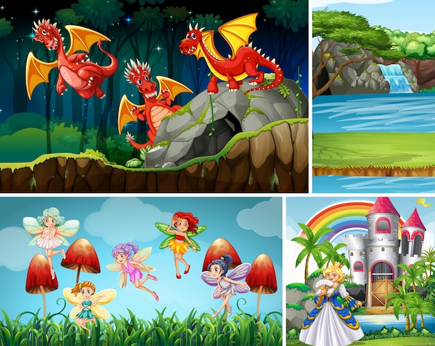 Free vector four different scene of fantasy world with fantasy characters