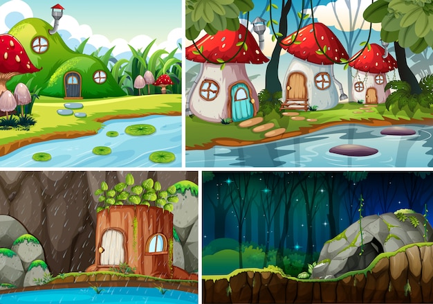 Free vector four different scene of fantasy world with fantasy house