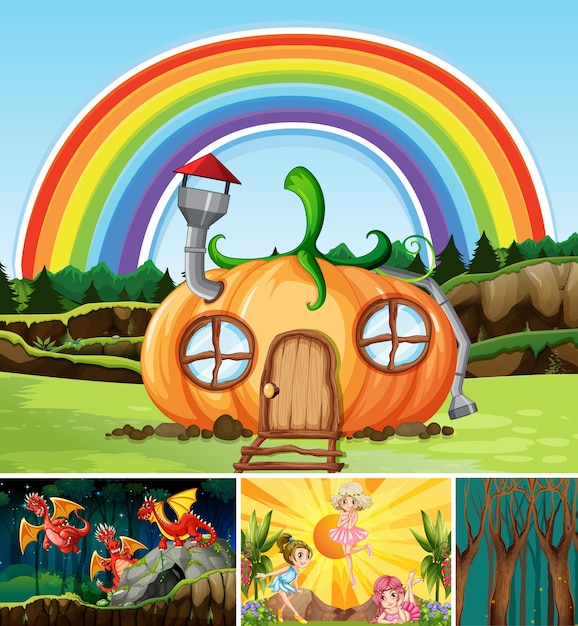 Four different scene of fantasy world with fantasy places and fantasy character such as dragon and pumpkin house