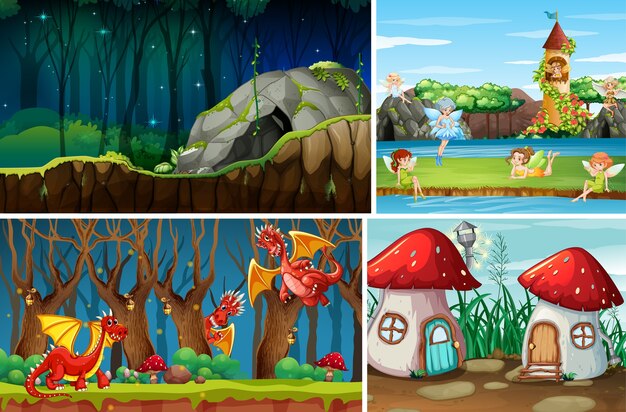 Four different scene of fantasy world with fantasy places and fantasy characters such as dragons and fairies
