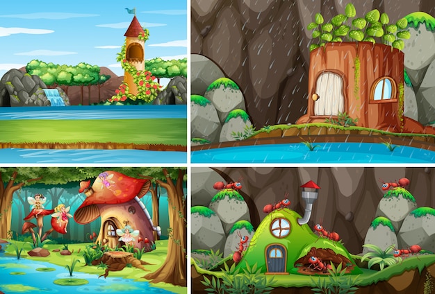 Four different scene of fantasy world with fantasy places and fantasy characters such as fairies and ant with antnest