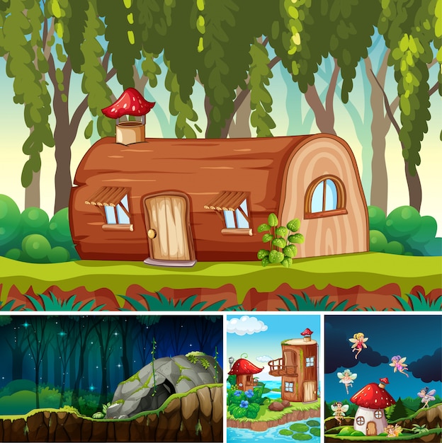 통나무 집과 돌 동굴과 같은 판타지 장소와 판타지 캐릭터가있는 판타지 세계의 4 가지 장면