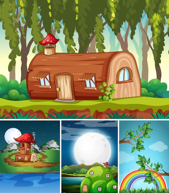 Free vector four different scene of fantasy world with fantasy places such as log house