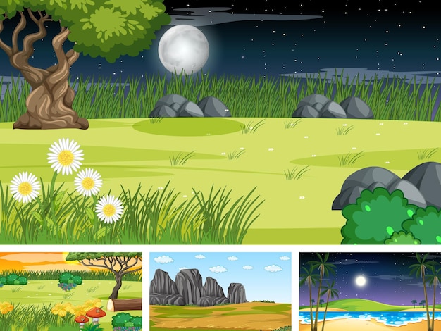 Free vector four different scene of nature park and forest