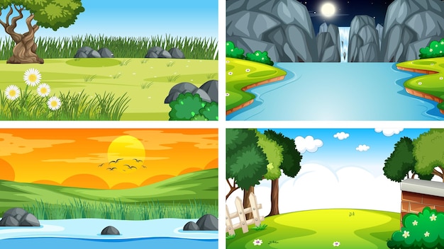 Free vector four different scene of nature park and forest