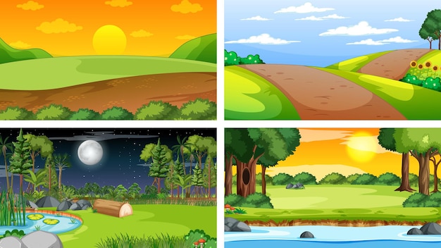 Four different scene of nature park and forest