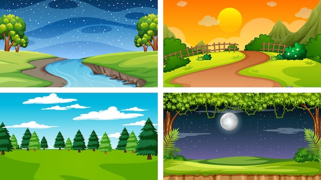 Free vector four different scene of nature park and forest