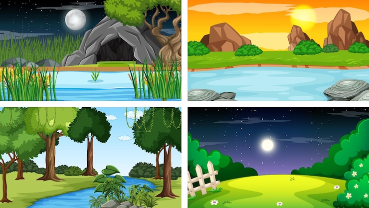 Free Vector four different scene of nature park and forest