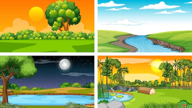Quattro diverse scene del parco naturale e della foresta