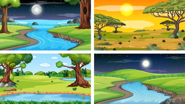 Free vector four different scene of nature park and forest