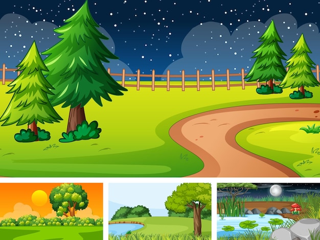 Four different scene of nature park and forest