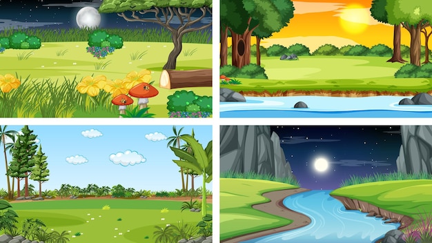 Free vector four different scene of nature park and forest