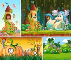 Бесплатное векторное изображение Четыре разных сцены фантастического мира с прекрасными феями из сказки и драконом с рыцарем и деревней из тыквенных домиков.