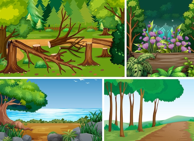 숲 만화 스타일의 네 가지 장면