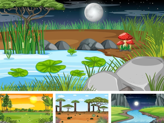 Бесплатное векторное изображение Четыре разных сцены природного парка и леса