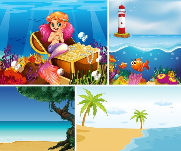 Four different scene of tropical beach and mermaid underwater with sea creater cartoon style
